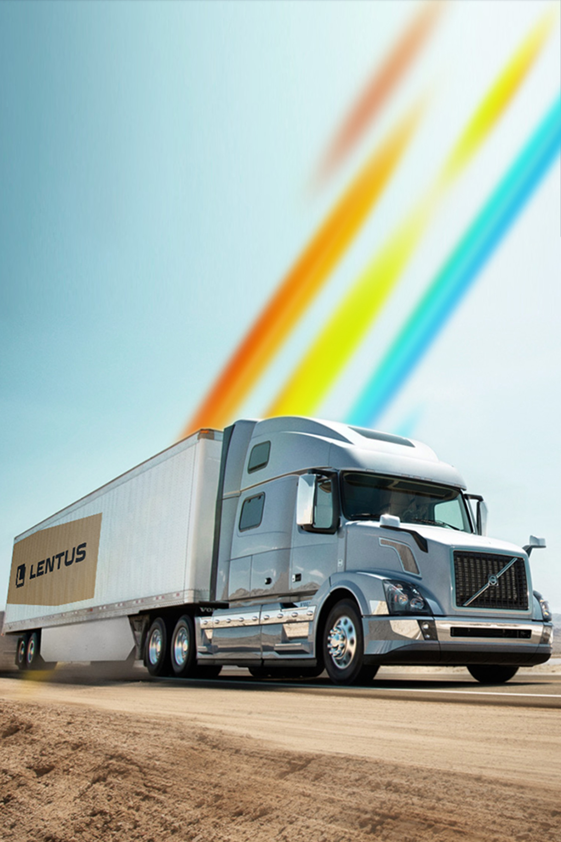 Semi truck driving down a desert road with the rainbmow logo over it